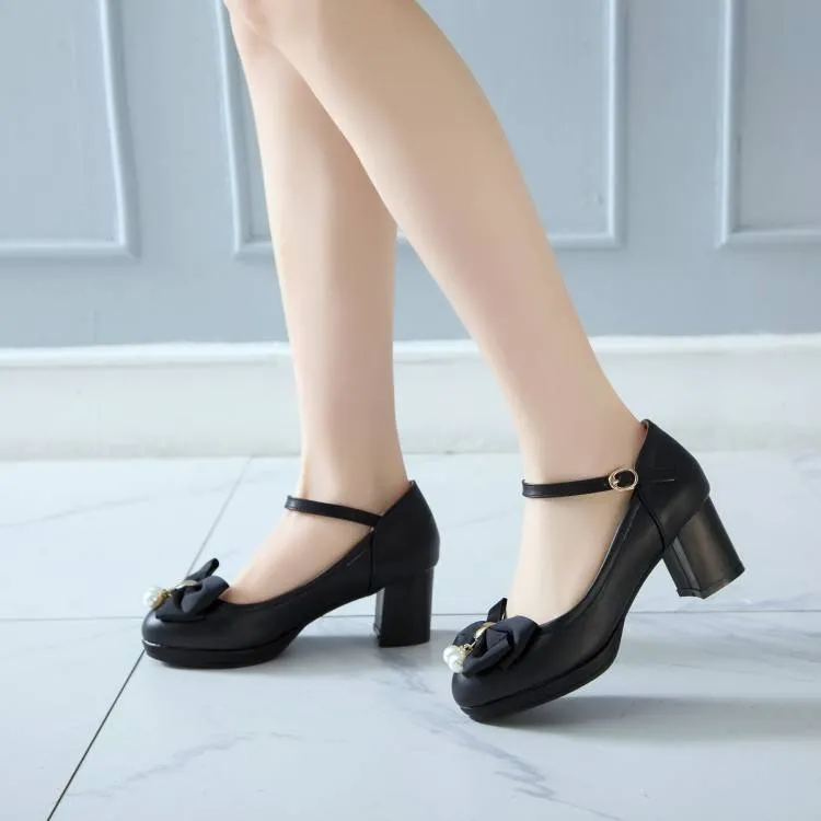 Women Pearls Bow Tie Shallow Mary Janes Block Heel Platform Pumps