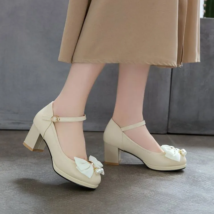 Women Pearls Bow Tie Shallow Mary Janes Block Heel Platform Pumps