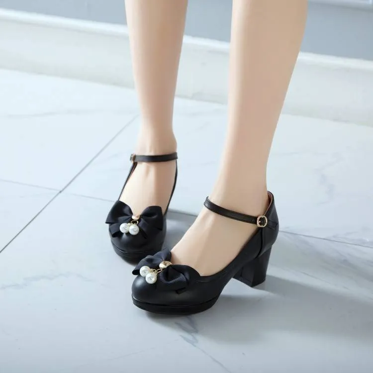 Women Pearls Bow Tie Shallow Mary Janes Block Heel Platform Pumps