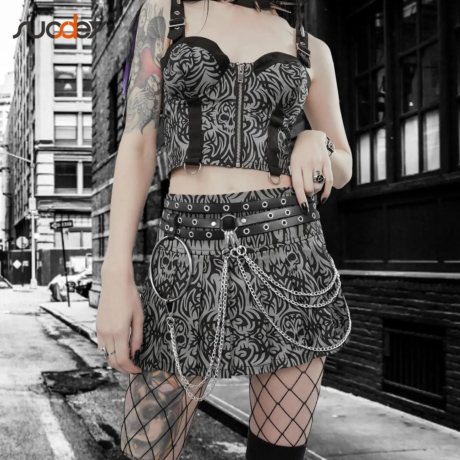 Women Punk Style Black Waist Belt Chain with Big Ring SUOSDEY Adjustable Leather Belly Chains Goth Body Accessories