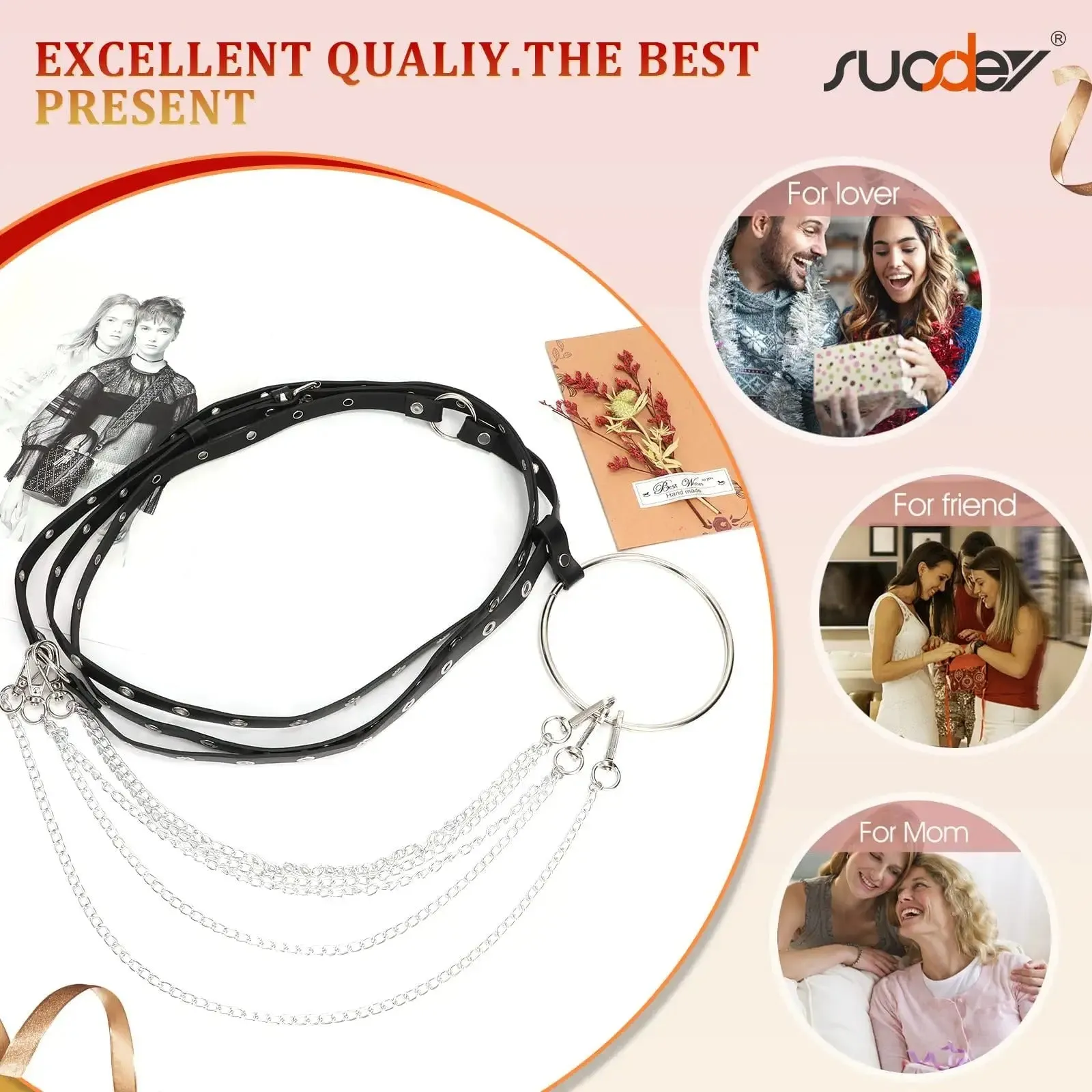Women Punk Style Black Waist Belt Chain with Big Ring SUOSDEY Adjustable Leather Belly Chains Goth Body Accessories