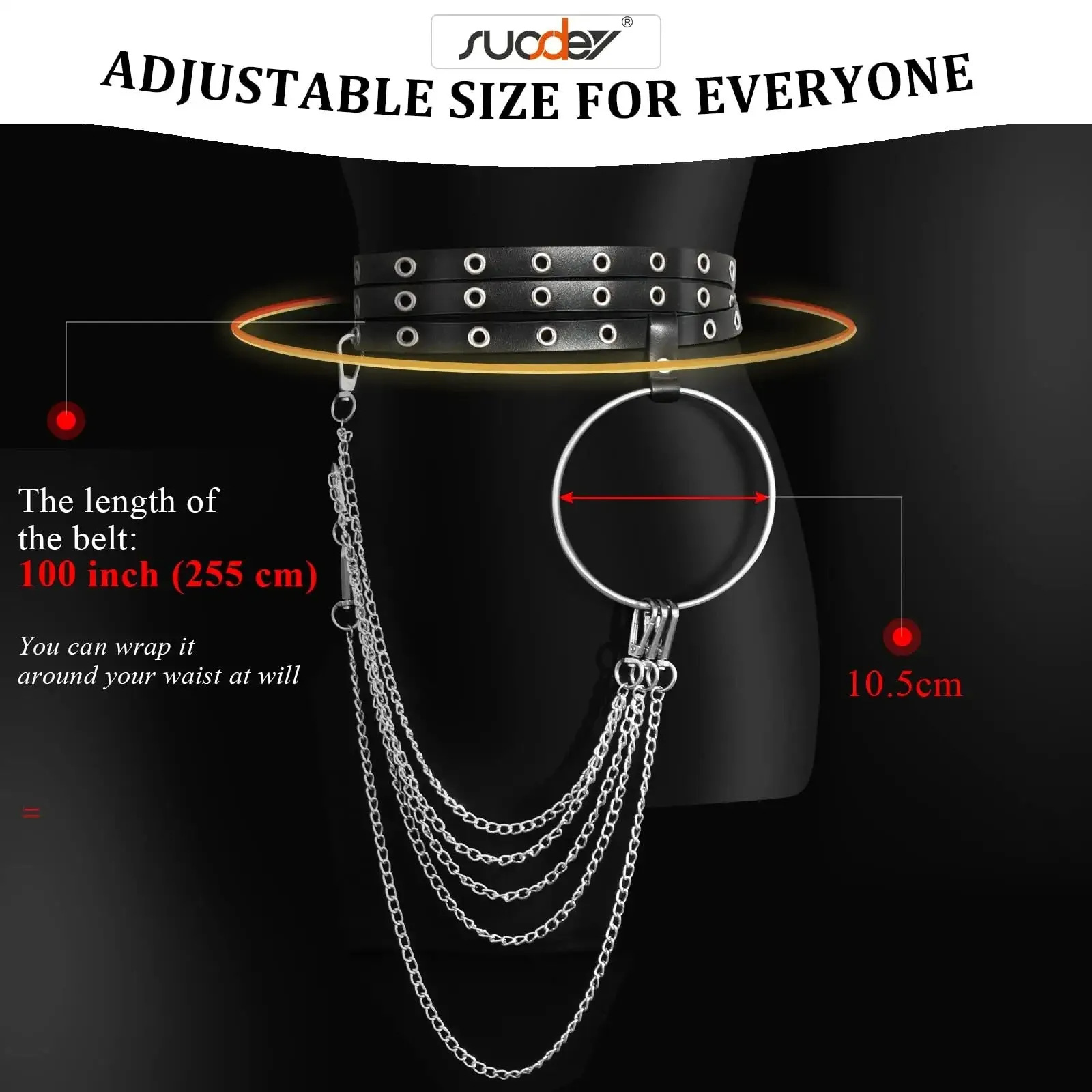 Women Punk Style Black Waist Belt Chain with Big Ring SUOSDEY Adjustable Leather Belly Chains Goth Body Accessories