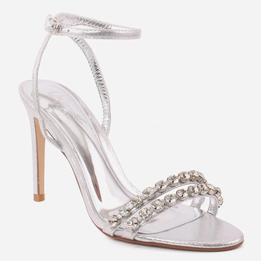 Women " IRMA" Decorated Toe Strap Ankle Closure Stiletto Heel Sandals