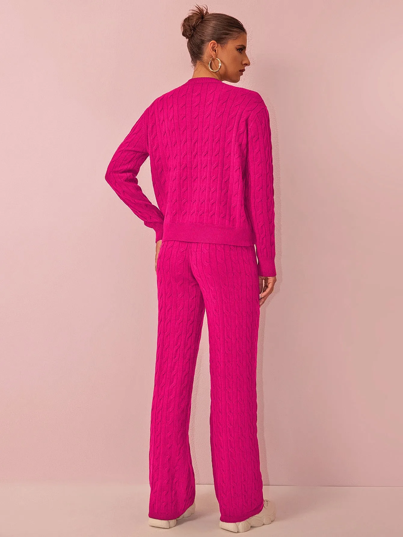 Women round Neck Cable Knit Sweater Knitwear Two Piece Sets