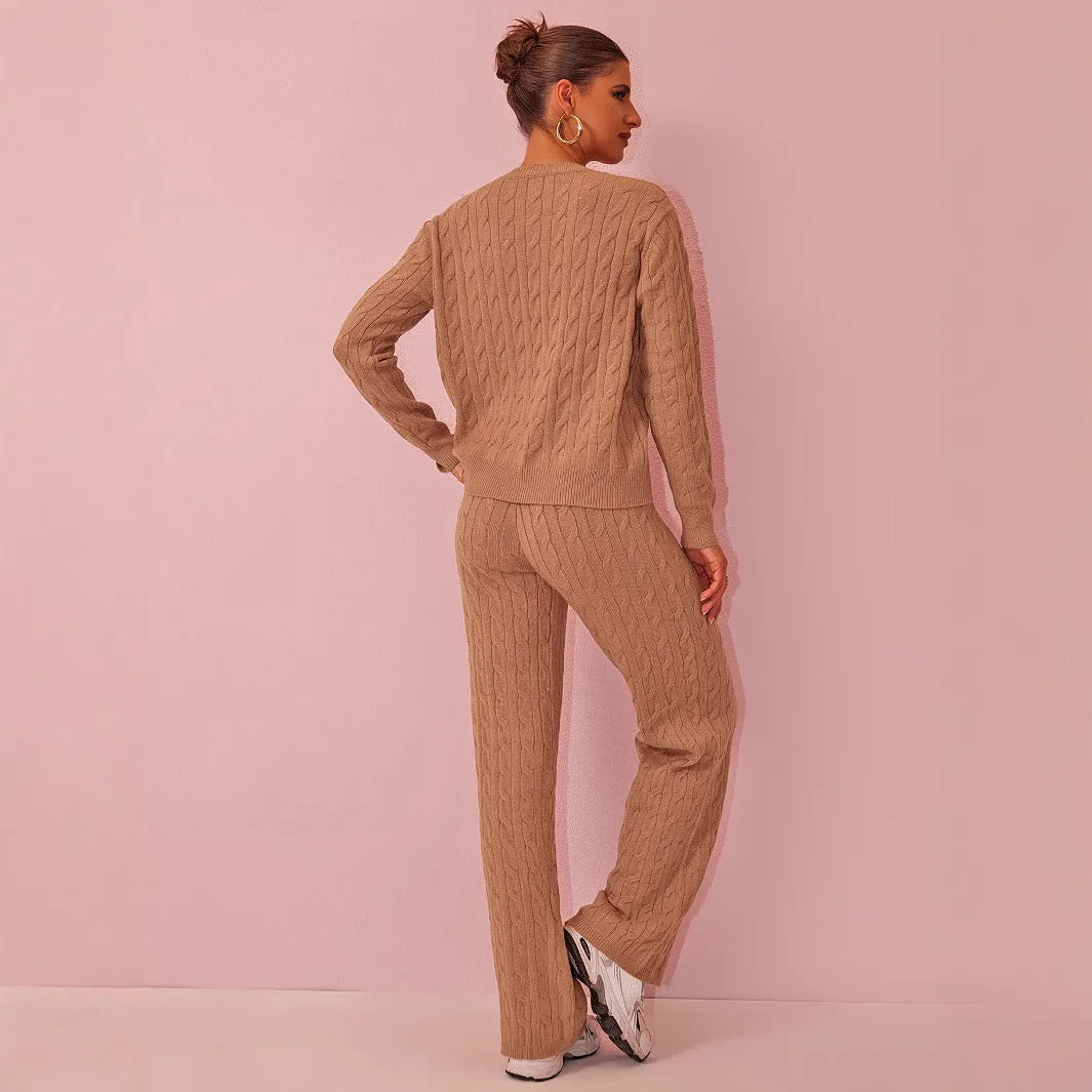 Women round Neck Cable Knit Sweater Knitwear Two Piece Sets