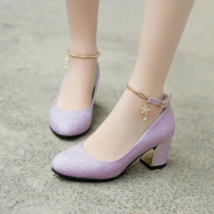 Women Shallow Ankle Strap Rhinestone Block Heel Pumps