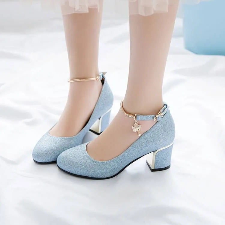 Women Shallow Ankle Strap Rhinestone Block Heel Pumps