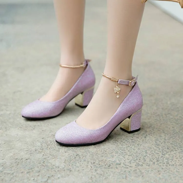 Women Shallow Ankle Strap Rhinestone Block Heel Pumps
