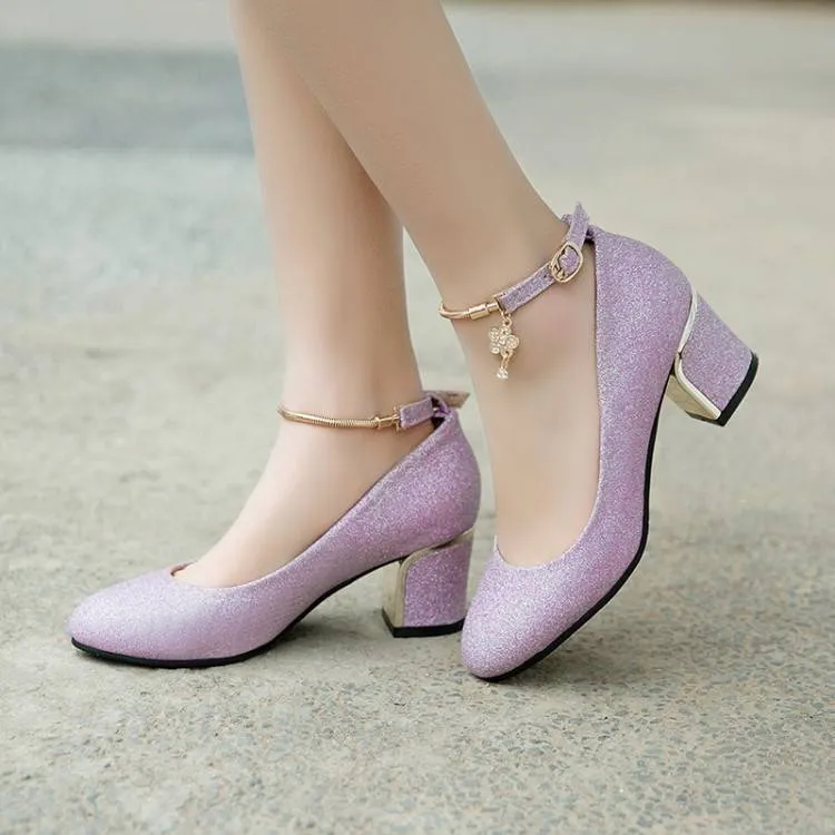 Women Shallow Ankle Strap Rhinestone Block Heel Pumps