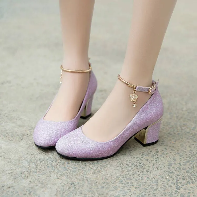 Women Shallow Ankle Strap Rhinestone Block Heel Pumps