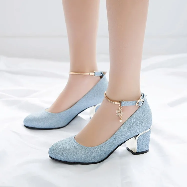 Women Shallow Ankle Strap Rhinestone Block Heel Pumps