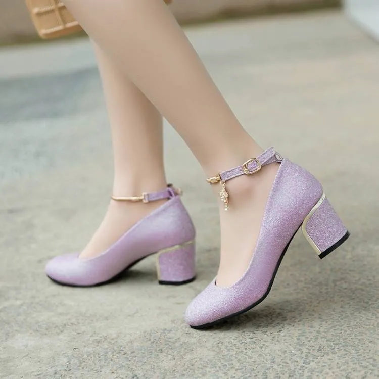 Women Shallow Ankle Strap Rhinestone Block Heel Pumps
