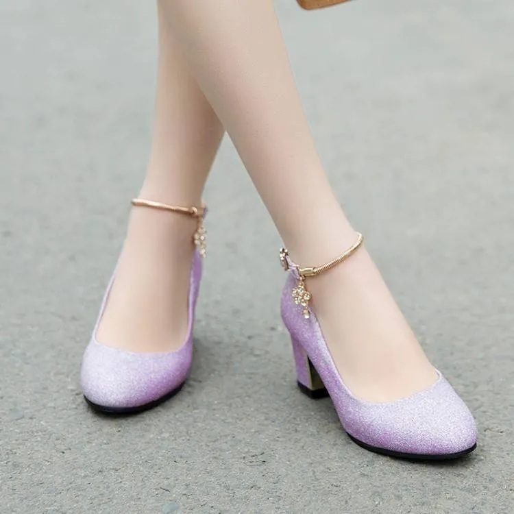 Women Shallow Ankle Strap Rhinestone Block Heel Pumps