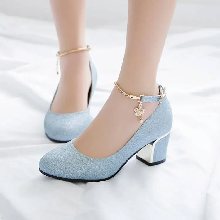 Women Shallow Ankle Strap Rhinestone Block Heel Pumps