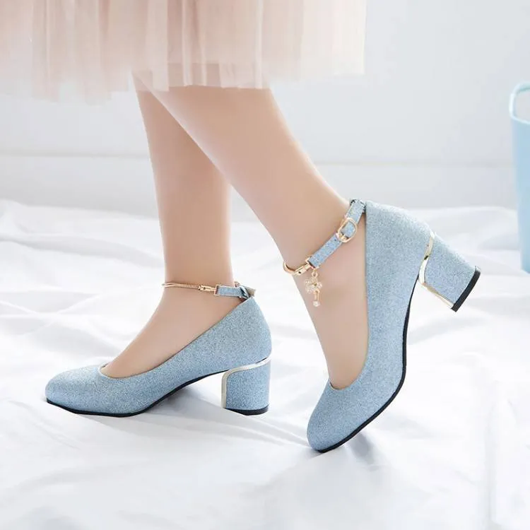 Women Shallow Ankle Strap Rhinestone Block Heel Pumps