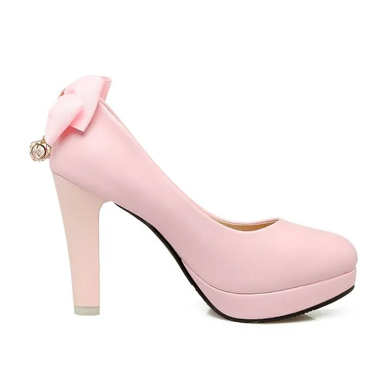 Women Shallow Back Bow Tie Block Chunky Heel Platform Pumps