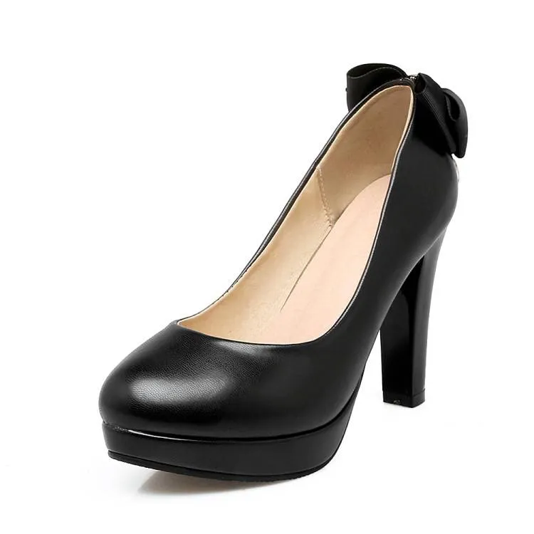 Women Shallow Back Bow Tie Block Chunky Heel Platform Pumps