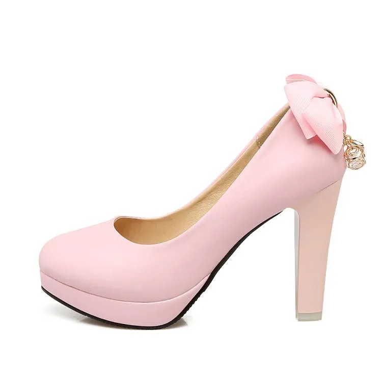 Women Shallow Back Bow Tie Block Chunky Heel Platform Pumps