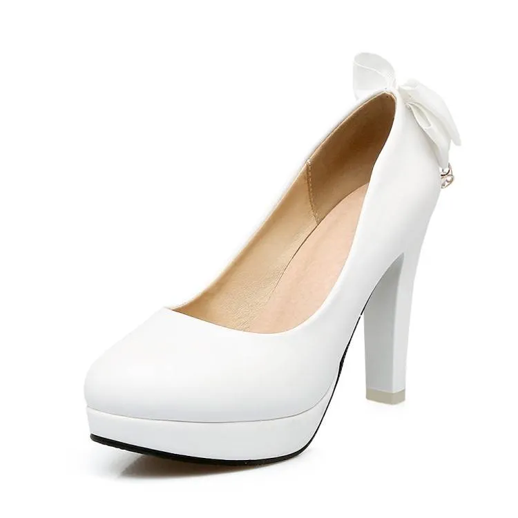Women Shallow Back Bow Tie Block Chunky Heel Platform Pumps