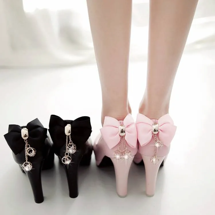 Women Shallow Back Bow Tie Block Chunky Heel Platform Pumps