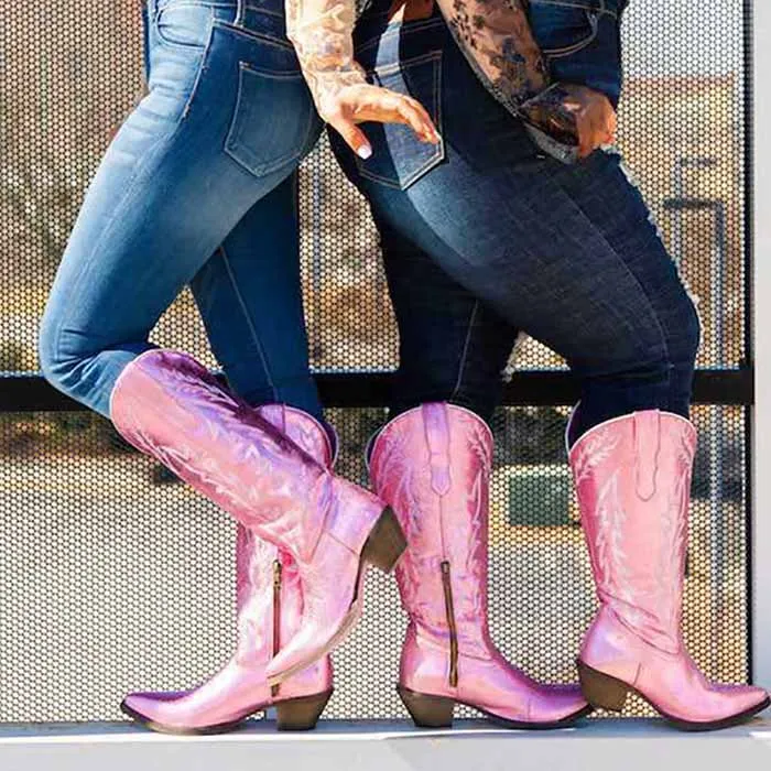 Women West Metallic Boots Cowgirl Fashion Embroidered Booties