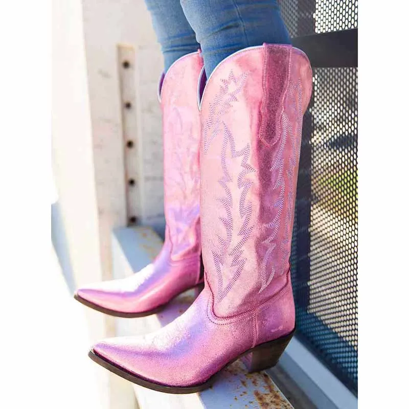 Women West Metallic Boots Cowgirl Fashion Embroidered Booties