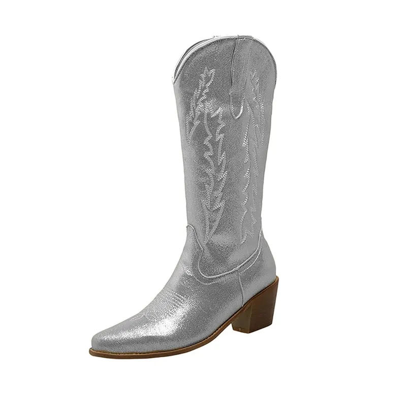Women West Metallic Boots Cowgirl Fashion Embroidered Booties