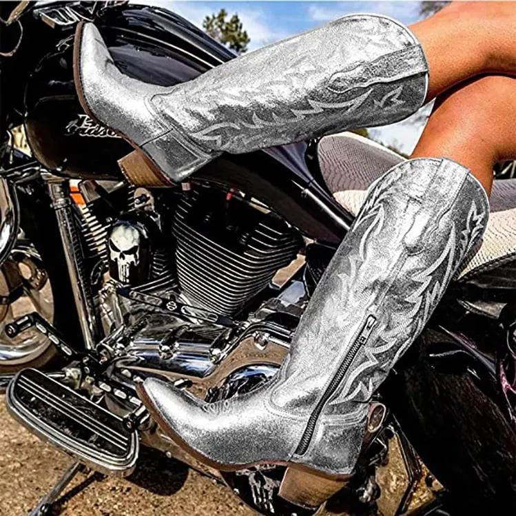 Women West Metallic Boots Cowgirl Fashion Embroidered Booties