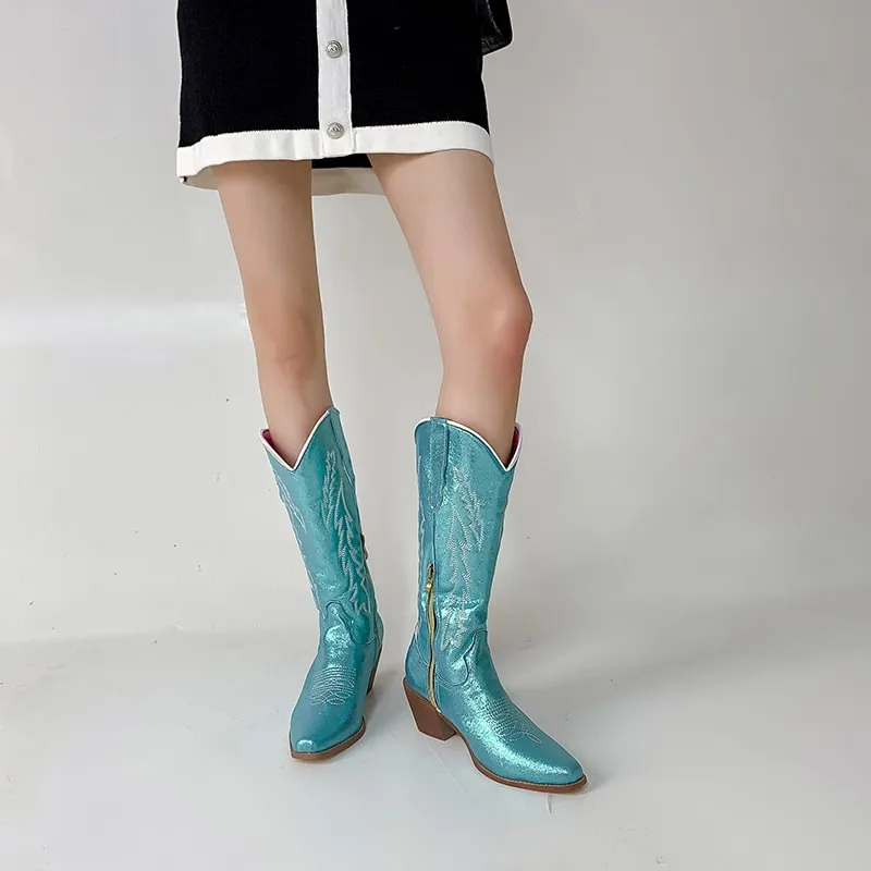 Women West Metallic Boots Cowgirl Fashion Embroidered Booties