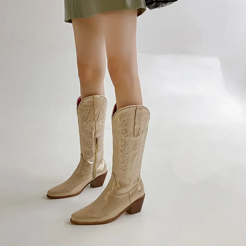 Women West Metallic Boots Cowgirl Fashion Embroidered Booties