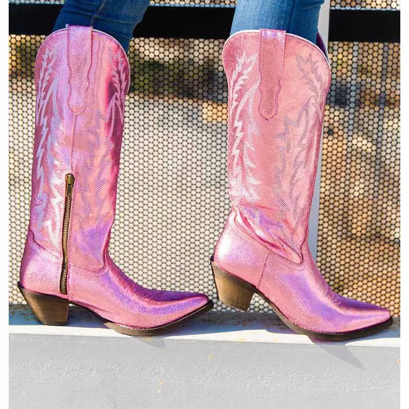Women West Metallic Boots Cowgirl Fashion Embroidered Booties