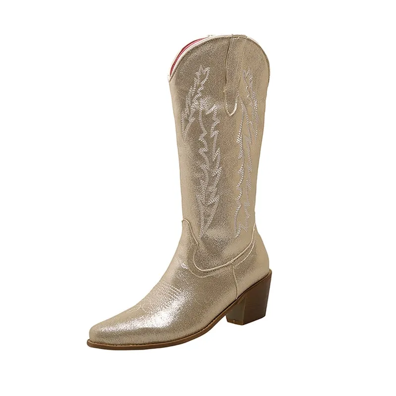 Women West Metallic Boots Cowgirl Fashion Embroidered Booties