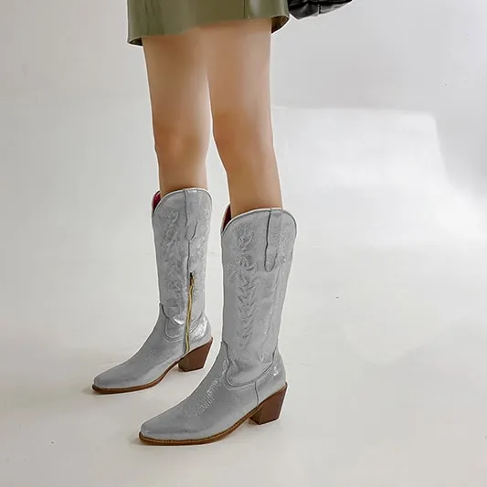 Women West Metallic Boots Cowgirl Fashion Embroidered Booties