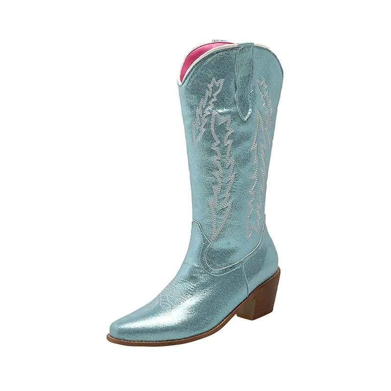 Women West Metallic Boots Cowgirl Fashion Embroidered Booties