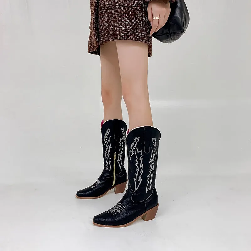 Women West Metallic Boots Cowgirl Fashion Embroidered Booties