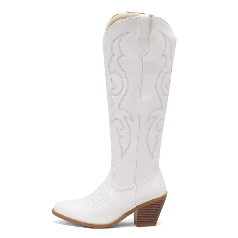 Women western cowboy chunky knee high boots