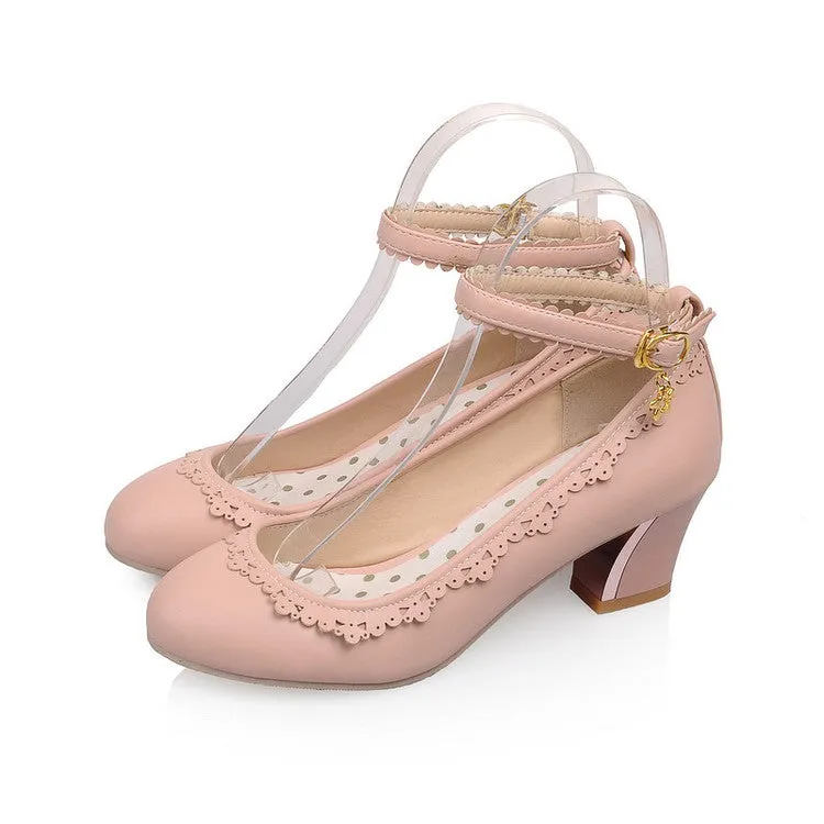 Women's Ankle Strap Chunky Heels Pumps