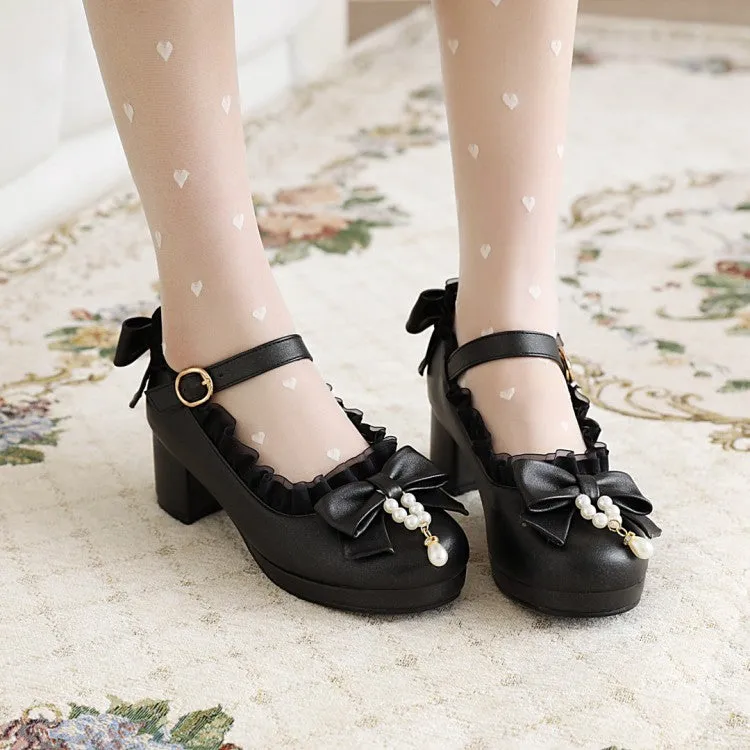 Women's Bow Tie Pearls Block Heel Mary Janes Platform Pumps