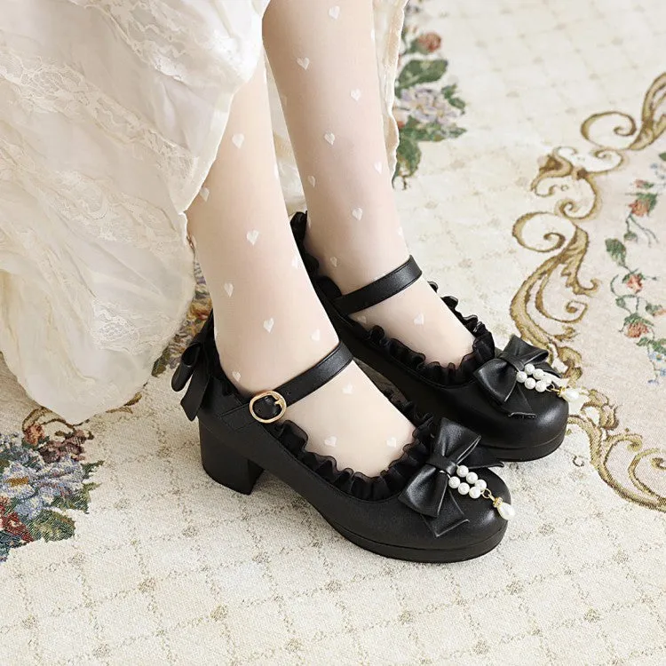 Women's Bow Tie Pearls Block Heel Mary Janes Platform Pumps