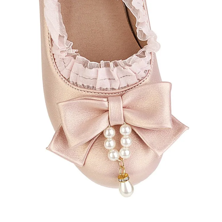 Women's Bow Tie Pearls Block Heel Mary Janes Platform Pumps