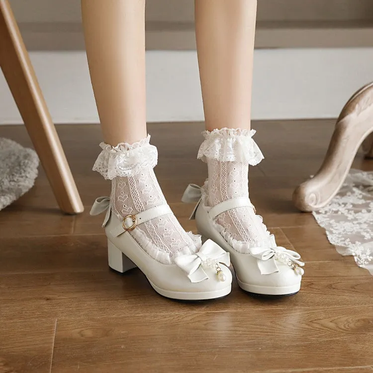 Women's Bow Tie Pearls Block Heel Mary Janes Platform Pumps