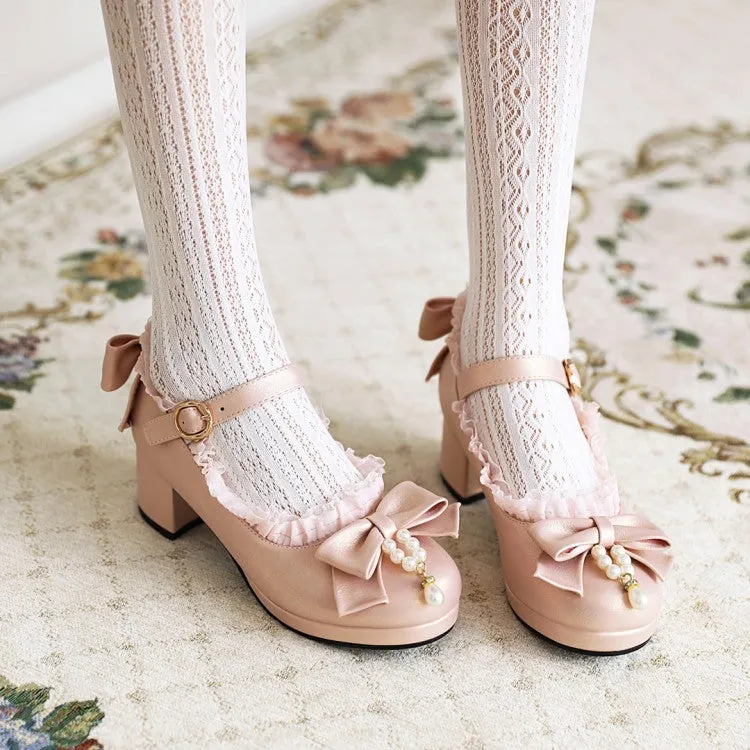 Women's Bow Tie Pearls Block Heel Mary Janes Platform Pumps