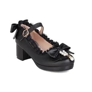 Women's Bow Tie Pearls Block Heel Mary Janes Platform Pumps