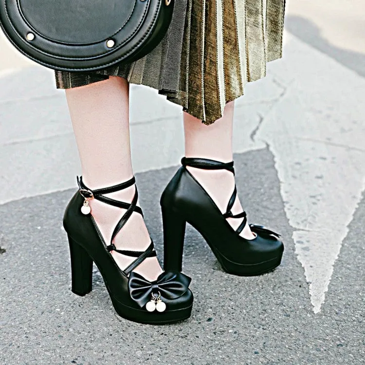Women's Bowtie Pearl Chunky High Heels Platform Pumps