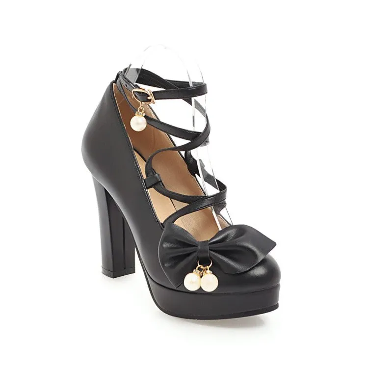 Women's Bowtie Pearl Chunky High Heels Platform Pumps