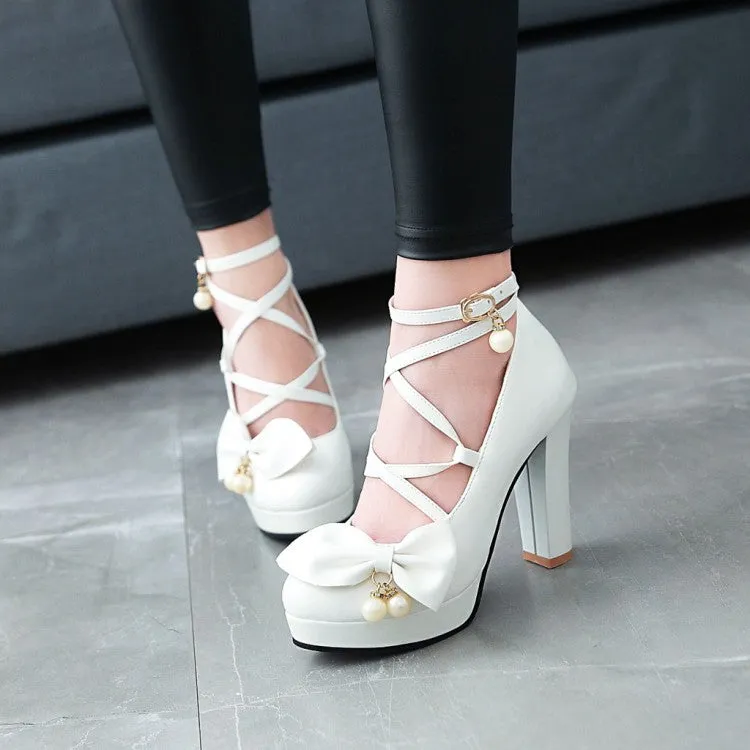 Women's Bowtie Pearl Chunky High Heels Platform Pumps