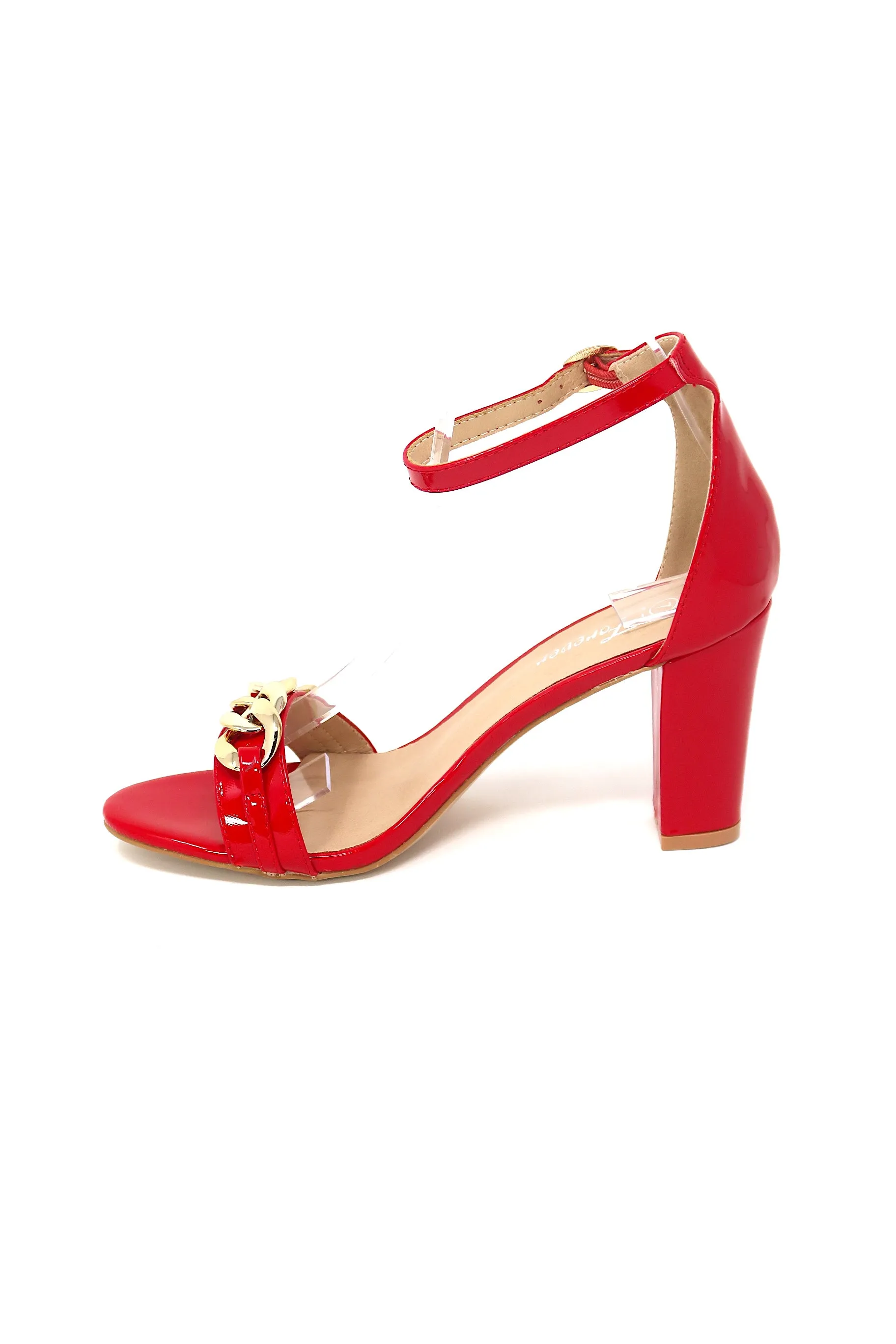 Women's Classic Block Heel with Gold Chain Strap Accent & Ankle Buckle Strap
