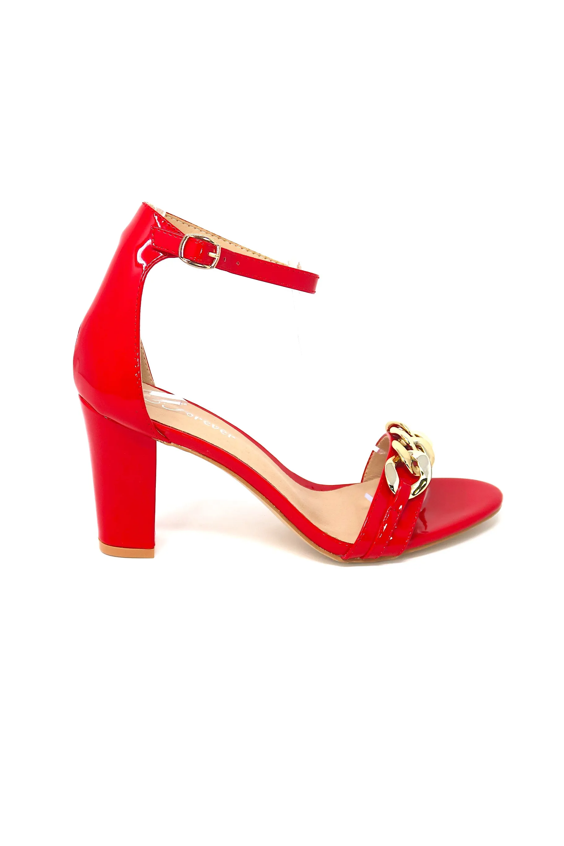 Women's Classic Block Heel with Gold Chain Strap Accent & Ankle Buckle Strap