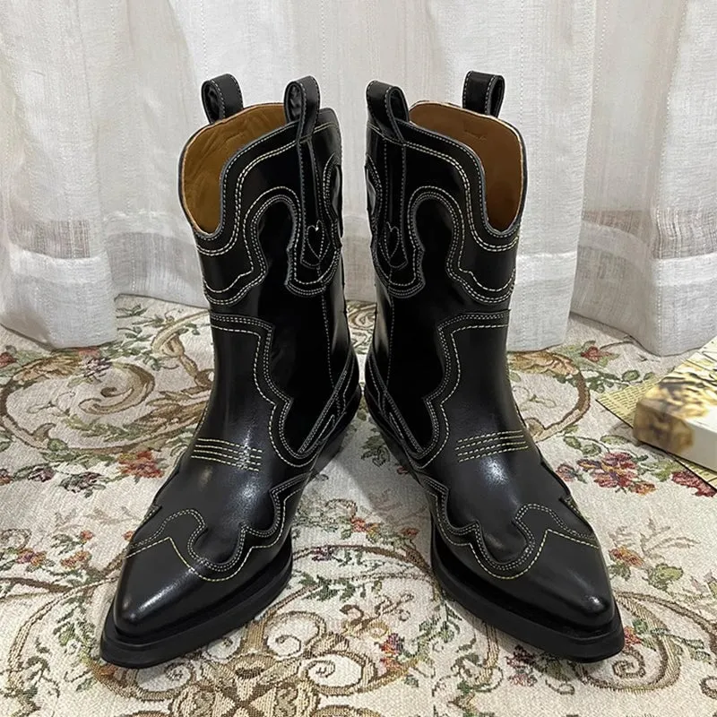 Womens Contrasting Embroidery Western Boots Leather Cowboy Boots Short Boots