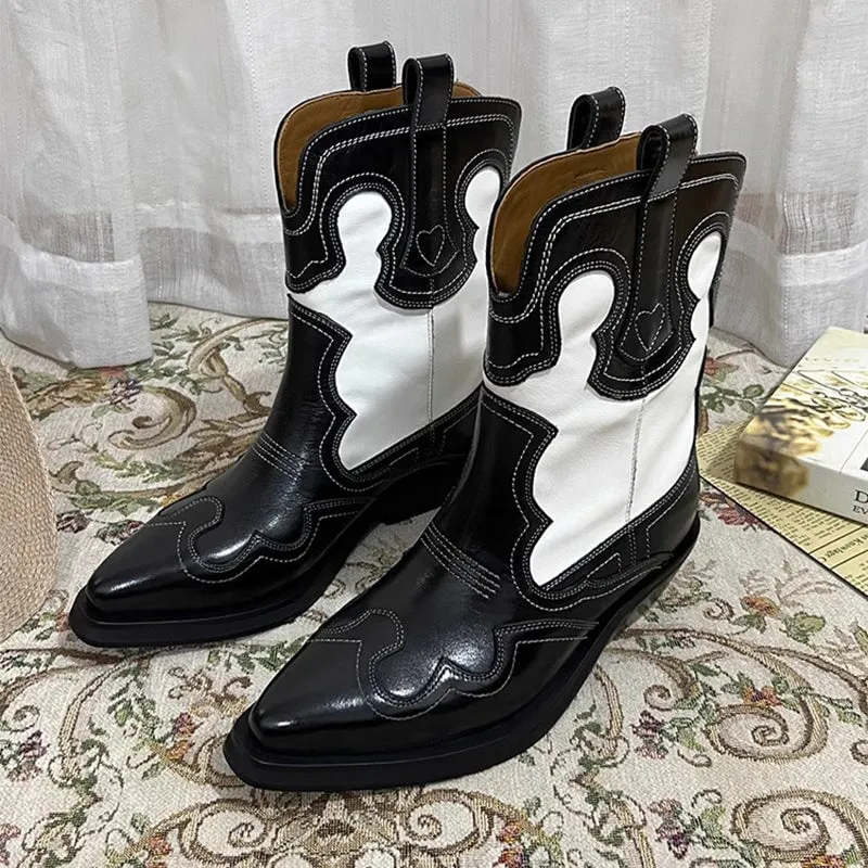Womens Contrasting Embroidery Western Boots Leather Cowboy Boots Short Boots